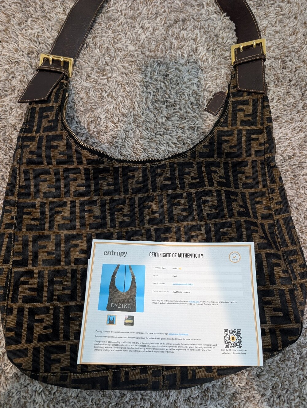 Authentic Fendi Zucca Jacquard Canvas Hobo Bag with Leather Trim & COA